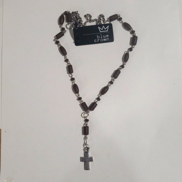 Silver & Brown Beaded Cross Pendant Necklace – Elegant Women's Fashion Jewelry - Picture 4 of 8